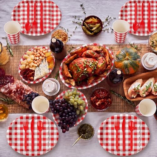 Pajean 175 Pcs Gingham Paper Plates and Napkins, Red White - Image 6