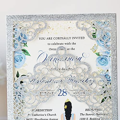 Hosmsua 50PCS 5.1x7.3 Inch Silver Glitter Quinceanera Invitations Cards Laser Cut Floral Crown Pocket Invitation with Envelopes for Birthday Bridal Shower - Image 4