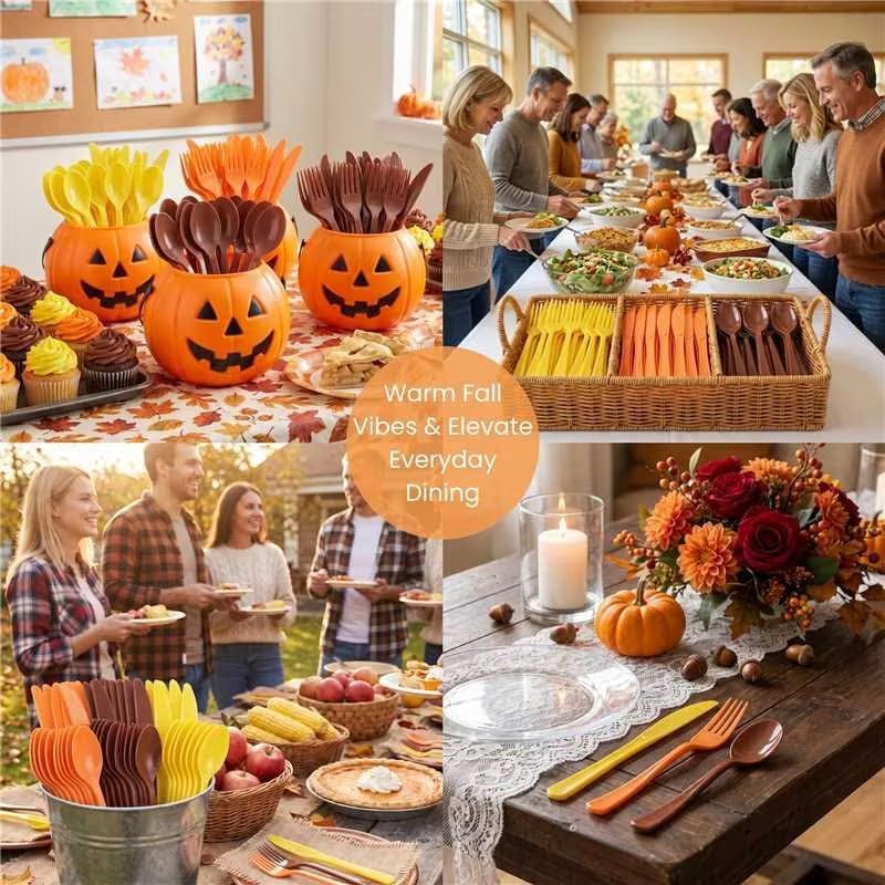 300Pcs Fall Color Plastic Silverware Set, Disposable Forks Spoons Knives - Image 6