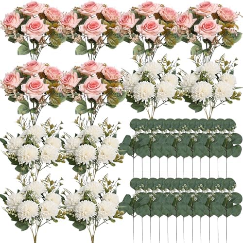 Pink White Peonies Artificial Flowers 12 Bundles Silk Mum Roses - Image 2