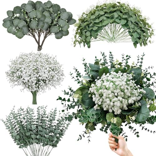 HUAHUA Mixed Artificial Eucalyptus Leaves Stems Bulk,Fake Greenery Plants Faux Silver Dollar Eucalyptus Leaves for DIY Bouquets Centerpiece Floral Arrangement Home Wedding Decor (120, Green/White) by Unknown