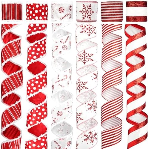 MAYREEL 2.5 Inch Red and White Christmas Ribbon Wired Candy Cane for Christmas Trees Wreaths Tree Toppers Crafts Home Decor Gift Wrapping 6 Rolls Total 36 Yards by MayReel