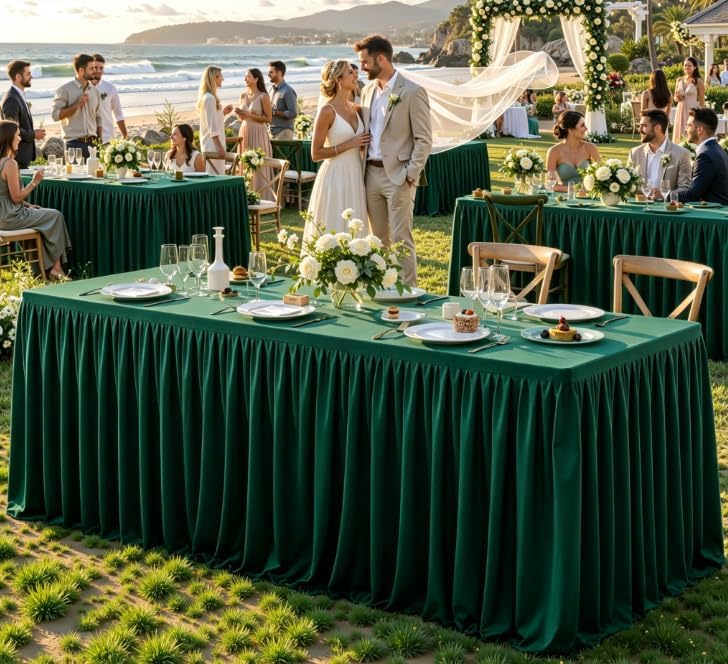 Green Polyester Table Cloths for Rectangle 6 Foot Tables, 6 Pack Wrinkle Free Tablecloths Stretchy Banquet Ruffle Fitted Table Cover Desk Skirt for Parties Wedding Birthday Baby Shower - Image 3