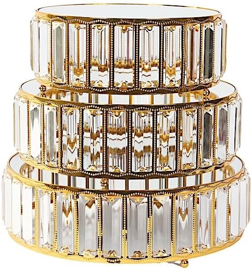 3 Gold Round Stackable Metal Cake Stands with Crystal Pendant and Mirror Top Wedding Birthday Party Display Dessert Riser Pedestal Centerpieces by BalsaCircle
