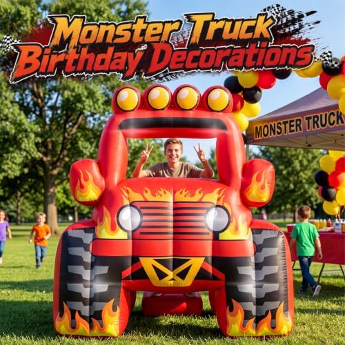 Junkin 6 x 5 FT Monster Truck Inflatable Photo Booth Frame with LED Lights, Giant Racing Truck Photo Prop, Birthday Party Decorations, Baby Shower Decor, Racing Theme Party Supplies(Flame,Red) - Image 5