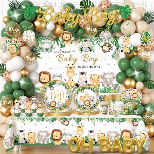 Safari Baby Shower Decorations,387pcs Jungle Baby Shower Decorations Sweet Boy Baby shower Theme Plates and Napkins Cups Tablecloth Backdrop Topper Balloons for Boy Wild Birthday Decorations by Unknown