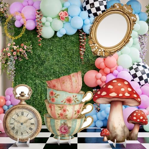 4 Pcs Wonderland Tea Party Decoration Life Size Tea Party Cardboard Cutouts Clock Retro Photo Frame Mushroom Floral Teacup Cutouts for Baby Shower Birthday Photo Booth Props Backdrop Favor by Unknown