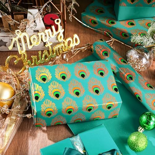WRAPAHOLIC 30 Inch Jumbo Reversible Peacock Christmas Wrapping Paper - 30 Inch x 100 Feet Jumbo Roll Peacock Feather Wrapping Paper with Metallic Foil Shine for Christmas, Birthday, Holiday - Image 7