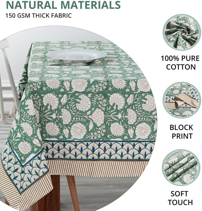 Ridhi Turquoise Moss Green Hand Block Print Cotton Tablecloth 118x70 Inch - Image 6