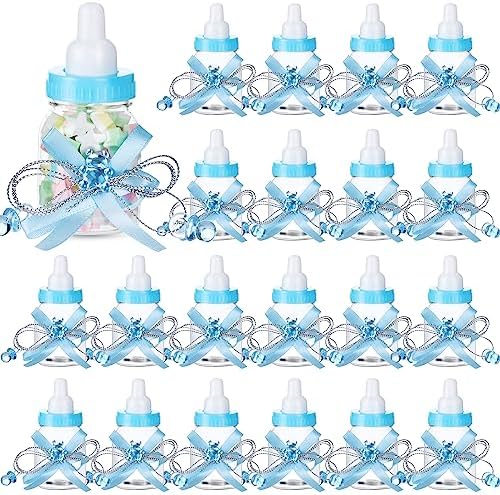 80 Pcs 3.5 Inch Baby Mini Milk Bottle Baby Shower Favor with Small Plastic Bear Candy Bottle with Ribbon for Boy Girl Newborn Baptism Party Decor (Blue) by PINKXHY