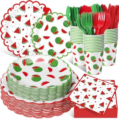 Funnymoom 400 Pcs Watermelon Birthday Party Supplies for 50 Guest Cute Summer Fruit Disposable Plates Napkin Cup Spoon Fork Knives for Outdoor Picnic Birthday Baby Bridal Shower Party Supplies by Funnymoom