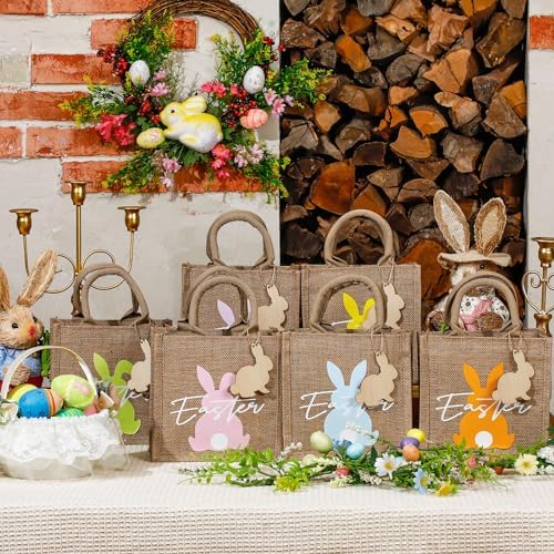 Huhumy 12 Pack Easter Burlap Bags with Tags Jute Bunny Baskets Egg Hunts Candy Gift Goodie Treat Tote Bags for Party Favor Bunny Egg Hunt Gift - Image 4