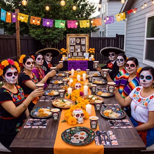 Funnymoom 400 Pcs Day of the Dead Party Supplies for 50 Guests Sugar Skull Plates and Napkins Cups Disposable Paper Dia De Los Muertos Tableware for Mexican Halloween Fiesta Birthday Party Favor - Image 5