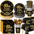 Funnymoom 452 Pcs 60th Birthday Party Decoration Supplies Black and Gold 60th Birthday Paper Plates and Napkins Cups Tablecloth Cutlery Straws Disposable Tableware for Cheers to 60 Years Anniversary by Funnymoom