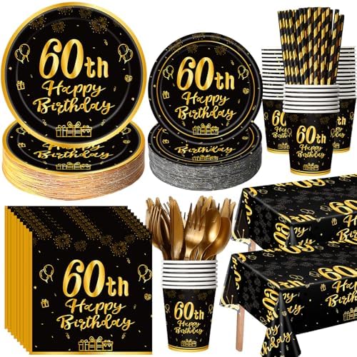 Funnymoom 452 Pcs 60th Birthday Party Decoration Supplies Black and Gold 60th Birthday Paper Plates and Napkins Cups Tablecloth Cutlery Straws Disposable Tableware for Cheers to 60 Years Anniversary by Funnymoom