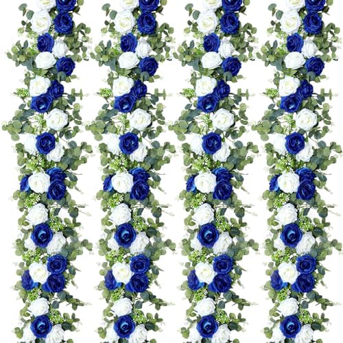 Riceshoot 4 Pcs 26 ft Artificial Eucalyptus Vines Garland with Flowers Faux Floral Greenery Garlands Rose Wreath for Wedding Party Arch Table Decor Backdrop Decorations (Blue and White) by Zuqqaaoor
