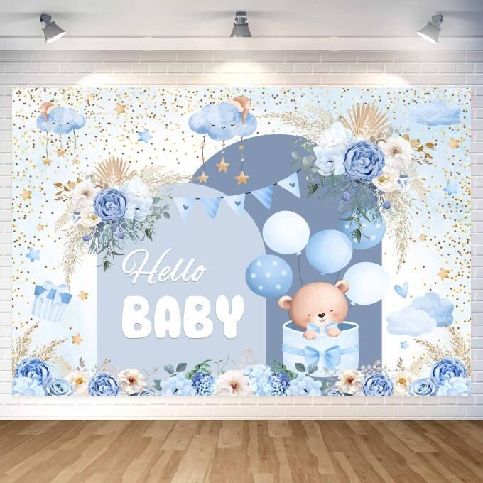 20X10ft Blue Baby Shower Backdrop Cute Blue Boho Floral Baby Shower Backdrop, Boy's or Girl's Baby Shower Party Backdrop Decor Cartoon Baby Shower Birthday Party Background Photo Booth Props - Image 5