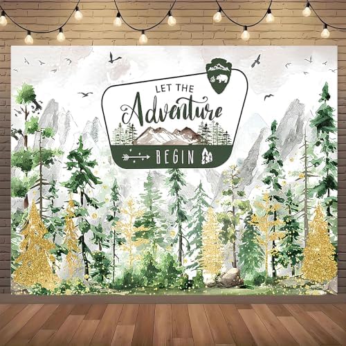 Watercolor Gold Glitter Let The Adventure Begin Backdrop Mountain Pine Tree Wilderness Background Bear Badge Woodland Adventure Baby Shower 1st Birthday Party Photography Booth Banner，A：9X6FT - Image 6