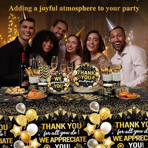 Funnymoom 452 Pcs Black Gold We Appreciate You Decoration for 50, Thank You Paper Plates Napkins Cups Tablecloth Set for Administrative Professional Day Employee Teacher Volunteer Appreciation Supply - Image 4