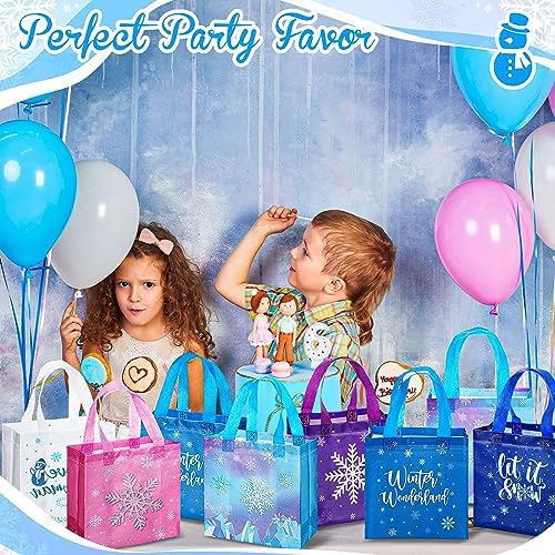 60 Pcs Snowflake Party Favors Bags Winter Non Woven Candy Treat Bag with Handle Double Printed Goodies Gift Bag Tote for Kid Winter Themed Wonderland Birthday Holiday Baby Shower Party Supplies - Image 4