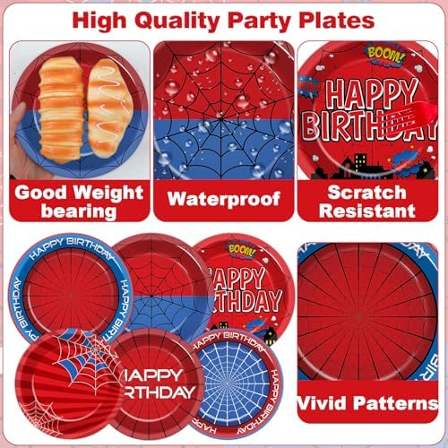 200PCS Spider Birthday Party Supplies Super Theme Paper Plates and Napkins Spider Web Disposable Tableware Set Red and Blue Hero Plates for Birthdays Baby Shower Movie Fans Party Decorations - Image 3