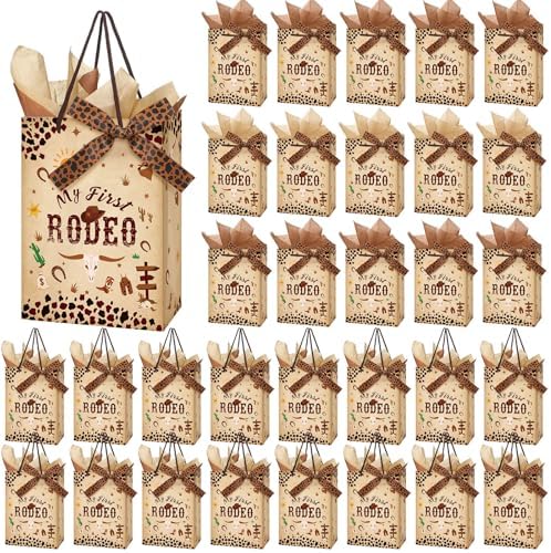 Weekgrat 50 Pcs My First Rodeo Birthday Party Favors Bags with Handles for Guest Western Cowboy 1st Birthday Gift Bag with Tissue Paper Ribbons Cowboy Candy Bag My First Rodeo Party Supply(Brown) by Weekgrat