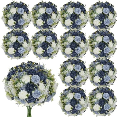 Mixed Navy Blue Artificial Flowers 12 Bundles Silk Floral with Stems by TOBILU