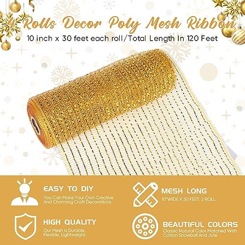 Funtery 4 Rolls 40 Yard Christmas Deco Mesh Decorative, Gold - Image 3