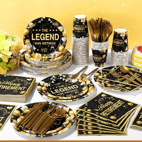 Funnymoom 400 Pcs Happy Retirement Party Supplies for 50 Guest Black and Golden Disposable Plate Napkin Cup Fork for Retire Party Decoration Tableware Favor for Women Men(Black and Golden, Retirement) - Image 6