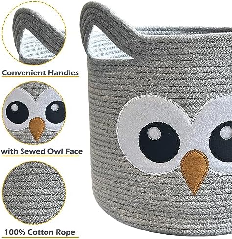 VK VK·LIVING Owl Storage Basket for Gift Foldable Cute Nursery Animal Toy Basket with Handles, Large Cotton Rope Baby Laundry Storage Organizer for Blanket Towels in Living Room Bedroom 15"Lx14"H - Image 4