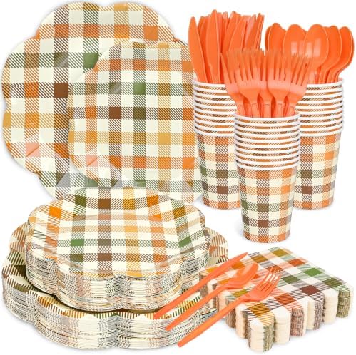 400 Pcs Fall Plaid Paper Plates and Napkins Set Autumn Disposable Checkered Dinner Party Set for 50 Guests Include Orange and Green Scalloped Plates Napkins Cup & Cutlery for Thanksgiving Fall Wedding by Unknown