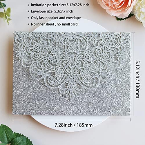 Hosmsua 50PCS Silver Glitter Wedding Invitation Pocket, 5.12 x 7.2 Tri-fold Laser Cut Lace Flora Invitation Pockets with Envelopes for Wedding Bridal Shower Quince Anos (No Inner Sheet) - Image 3