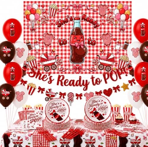 111Pcs She's Ready to Pop Baby Shower Decorations, Soda Pop Baby Shower Party Supplies for 24 Guests with Mom-to-Be Soda Bottle Backdrop, Banner, Balloons, Plates, Napkins and Forks by Unknown