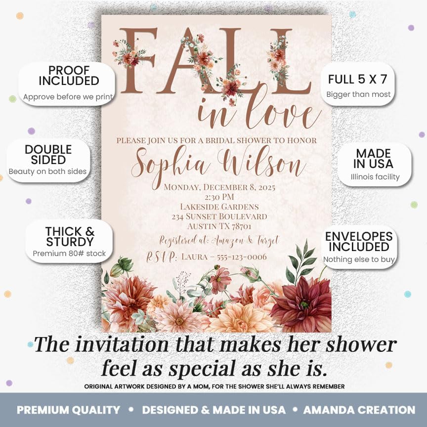 Amanda Creation Fall in Love Bridal Shower Invitations, 20 Personalized 5x7 Rustic Autumn Floral Cards with Envelopes - Image 2