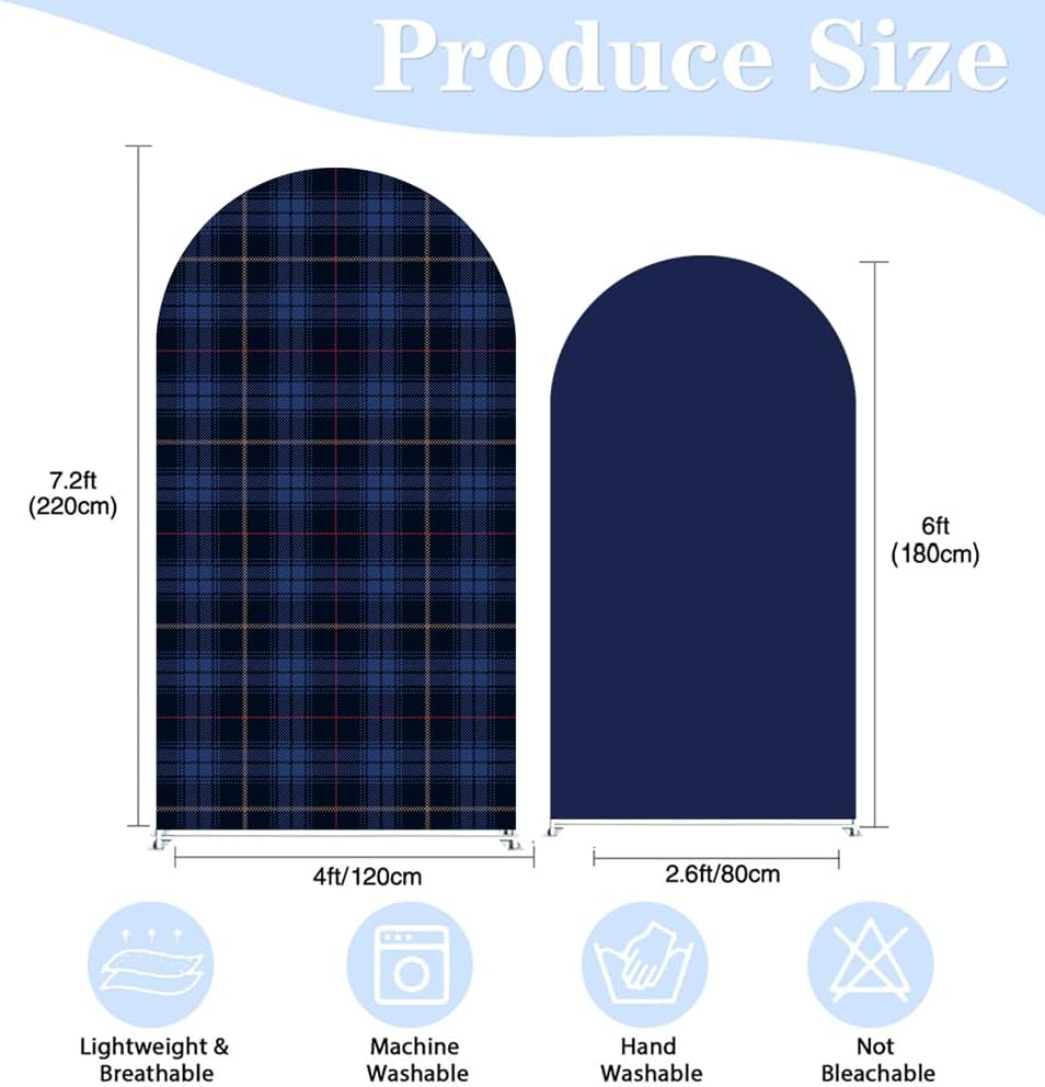 Set of 2 Tartan Plaid Arch Backdrop Cover Tartan Tiles Spandex Stretchy Arch Cover for Bear Birthday Party Boys Baby Shower Banquet Decoration (6FT 7.2FT,Blue) - Image 3