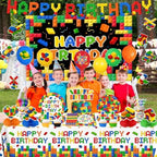 198Pcs Building Block Birthday Party Decorations with Plates, Napkins,Cups,Banner,Backdrop,Tablecloth, Balloons,Cake Toppers,Honeycombs for Boys Kids Birthday Party Supplies Serve 24 Guests - Image 6