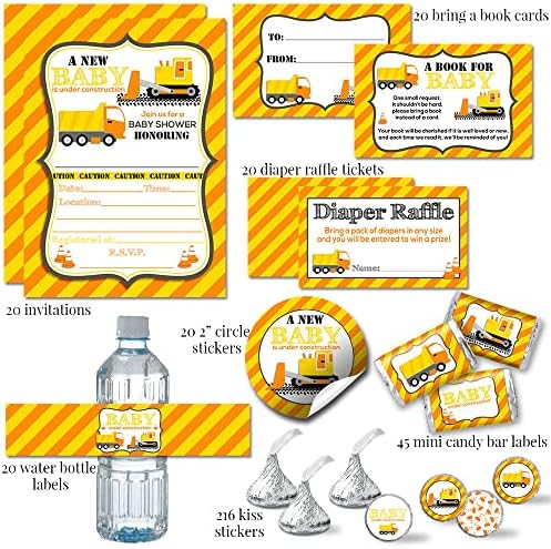 Amanda Creation Baby Under Construction Baby Shower Bundle, Party Supplies for 20 with Invitations, Games, Favor Stickers, Candy & Water Bottle Labels - Image 2