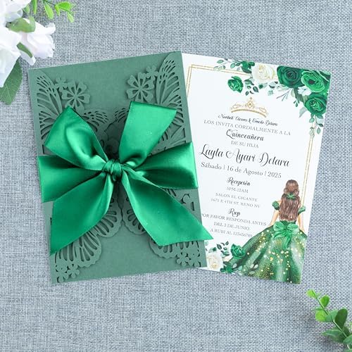 20 PCS 5.12x7.2 Butterfly Personalized Quinceanera Invitation, Customized XV Anos Laser Cut Invitation Cards with Envelopes (Emerald Green Personalized) - Image 2