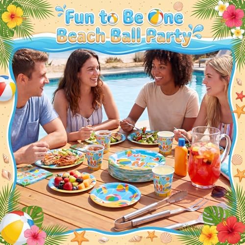 Pickmesh 250 Pcs Beach Ball Party Supplies Summer Beach Ball 1st Birthday Paper Plates Napkins and Cups Disposable Tableware Set Fun to Be One Party Decor for Hawaiian Pool First Birthday Serve 50 - Image 4