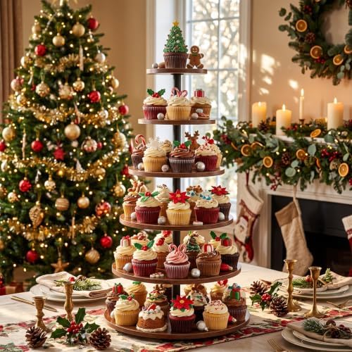 Willinglong 6 Tier Large Cupcake Stand for 80 Cupcake Rustic Tower Tree 360° Rotatable Cupcakes Holder Wood Dessert Table Display Dessert Stand for Birthday Graduation Baby Shower Wedding Party - Image 2