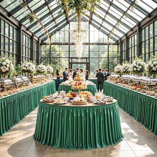 17ft Length Satin Green Table Skirt Rectangle Tables, Wrinkle Free Pleated Ruffle Table Cloth Glitter Desk Skirting for Weddings Birthday Party Satge Banquet Dining Table Decorations by Partisky