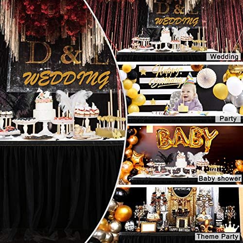 108in Black Tulle Table Skirts for Rectangle Tables 4/6/8ft, 2-Layer Gold Grim Ruffle Tulle Tutu Cloth Table Skirt 9ft Long Decor Birthday Party Wedding Graduation Cake Dessert(No Table Cover) - Image 7