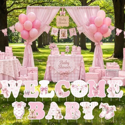 Ripeng 13 Pcs Bow Baby Shower Decorations Welcome Baby Yard Signs with Stakes 15 Inch Tall Lawn Signs for Gender Reveal Theme Birthday Party Indoor Outdoor Supplies - Image 5