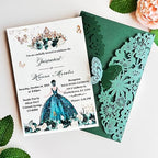 Hosmsua 5.12 x 7.3 Inch 50PCS Personalized Emerald Green Laser Cut Lace Flora Quinceanera Invitation Cards with Butterfly Invitations for Quinceañera Wedding Invite - Image 3