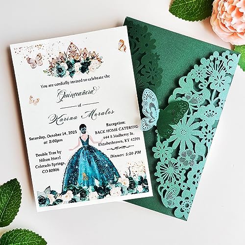Hosmsua 5.12 x 7.3 Inch 50PCS Personalized Emerald Green Laser Cut Lace Flora Quinceanera Invitation Cards with Butterfly Invitations for Quinceañera Wedding Invite - Image 3