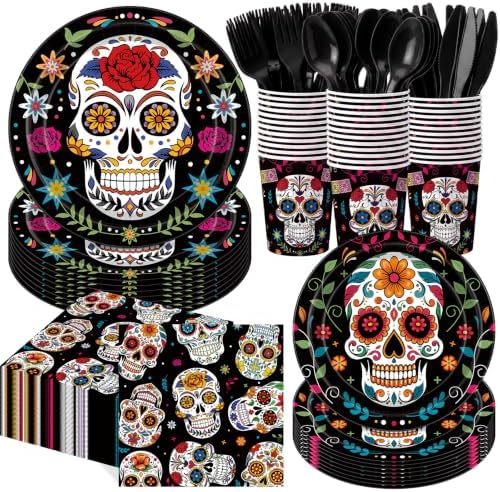 Funnymoom 400 Pcs Day of the Dead Party Supplies for 50 Guests Sugar Skull Plates and Napkins Cups Disposable Paper Dia De Los Muertos Tableware for Mexican Halloween Fiesta Birthday Party Favor by Funnymoom