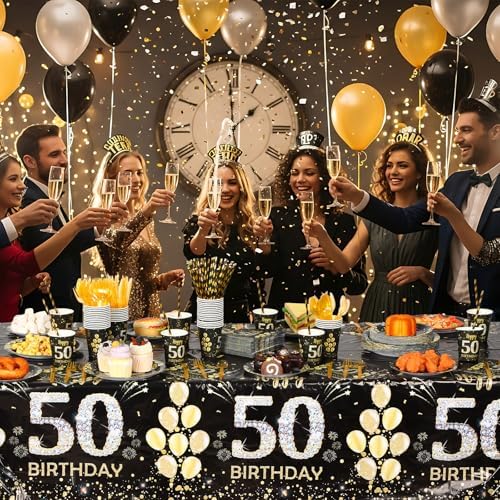 Funnymoom 452 Pcs 50th Birthday Decorations for Men, Black and Gold 50th Birthday Paper Plates Cups Napkins Tablecloth Cutlery Straws for Men Women 50 Year Old Party Supplies for 50 Guests - Image 4