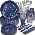 Gudvilla350 PCS Navy Blue Plates and Napkins Party Supplies,Navy Blue Paper Plates with Plastic Silverware Serve 50 Guests,Blue and Silver Birthday Plates Disposable for Wedding Retirement Decorations by Gudvilla