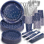 Gudvilla350 PCS Navy Blue Plates and Napkins Party Supplies,Navy Blue Paper Plates with Plastic Silverware Serve 50 Guests,Blue and Silver Birthday Plates Disposable for Wedding Retirement Decorations by Gudvilla