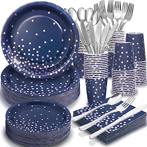 Gudvilla350 PCS Navy Blue Plates and Napkins Party Supplies,Navy Blue Paper Plates with Plastic Silverware Serve 50 Guests,Blue and Silver Birthday Plates Disposable for Wedding Retirement Decorations by Gudvilla